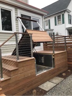 a wooden deck with stairs and railings