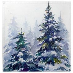 watercolor painting of two evergreen trees in the snow, with white and blue background