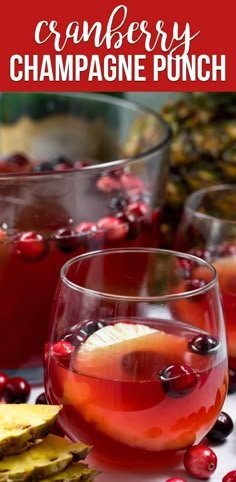 cranberry champagne punch is served in glasses with garnishes on the side