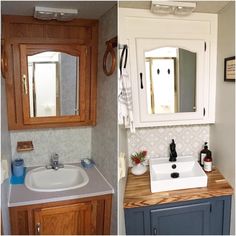 before and after pictures of a bathroom with wood cabinetry, countertop, and sink