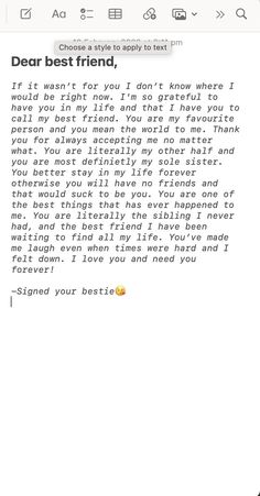 an iphone screen with the text dear best friend on it