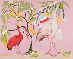 two birds standing next to each other on a pink background with lemons and leaves