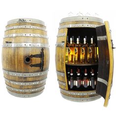 two wooden barrels with wine bottles in them, one is open and the other is closed