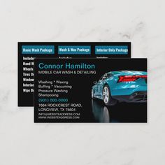 a business card for a car wash and package delivery company with a blue sports car