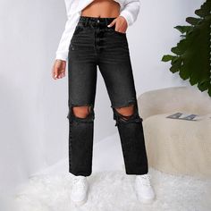 Ripped Raw Cut Straight Leg Jeans – Rachly Cute Jeans For School, Cute Black Jeans, Black Jeans Ripped, Black Jeans For Women, Boyfriend Jeans Black, Wishlist Board, Stage Crew, Black Mom Jeans, Ripped Boyfriend Jeans