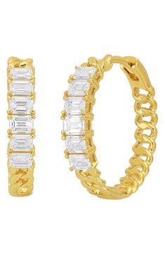 These chain-inspired hoops handcrafted from 18-karat gold light up your ensembles with lines of emerald-cut diamonds. 5/8" hoop diameter; 1/8" width Total diamond weight: 1.00ct. Color: G Clarity: VS 18k gold/diamond Imported >Diamond Guide Luxury Yellow Gold Hoop Earrings With Baguette Diamonds, Formal Hoop Jewelry With Baguette Diamonds, Formal Baguette Diamond Hoop Jewelry, Luxury Hoop Earrings With Baguette Diamonds, Luxury Baguette Diamond Hoop Earrings, Yellow Gold Baguette Cut Cubic Zirconia Hoop Earrings, Gold Baguette Diamond Huggie Earrings For Formal Occasions, Yellow Gold Baguette Cut Hoop Earrings, Gold Hoop Earrings With Baguette Diamonds