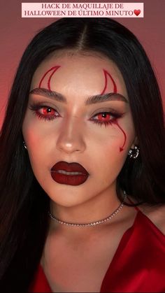 Holoween Simple Makeup, Simple Devil Halloween Makeup, Women Devil Makeup, Halloween Makeup Devil Easy, Half Devil Half Angel Makeup, Devil Horn Makeup, Pink Devil Makeup, Makeup For Devil Costume, Easy Halloween Makeup Devil