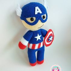 a crocheted captain america stuffed animal