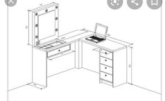 a drawing of a desk with a laptop on it and an open drawer underneath the desk