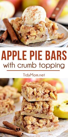 apple pie bars with crumb topping are stacked on top of each other