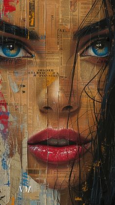 a woman's face with blue eyes and red lips is painted on newspaper strips