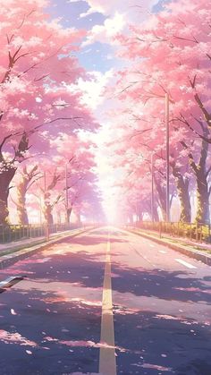 an anime scene with pink trees lining the street