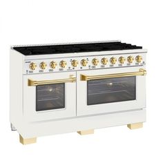 a white and gold stove with two ovens on it's sides, side by side