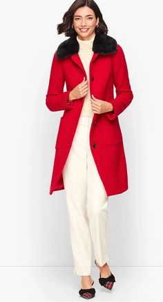 CONDITIION: New with tags STYLE TYPE: Basic Coat PRODUST TYPE: Outwear BRAND: TALBOT COLOR: Red; CLOSURE: Five bottons and two on collar Two patch pockets Long Sleeve Length: 33", Sleeve length - 22" Armpit to armpit laying flat - 19 inches MATERIAL TYPE: 55% Wool, 20% Polyester; 15% Acrylic; 10% Nylon Removable faux fur collar Dry clean only  Sizes listed are based on the item label Item fit and sizing can vary by Manufacturer *Measurements are hand taken for every item we sell. Every item is c White Winter Clothes, Boucle Coat, Christmas Outfits, Classic Style Women, Wool Blend Coat, Woolen Coat, Black Faux Fur, Red Wool, Faux Fur Collar