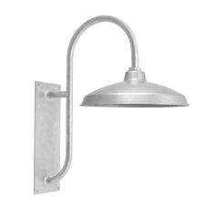 an outdoor wall light with a metal arm and white shade on the outside of it