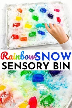 rainbow snow sensory bin for toddlers to play with