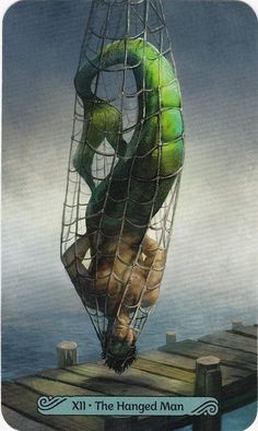 a painting of a man hanging from a net over water with his hands in the air