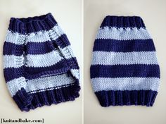 two pictures of the same blue and white striped knitted mittens, one with buttons