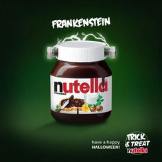 a jar of nutella on a green background with the caption's name