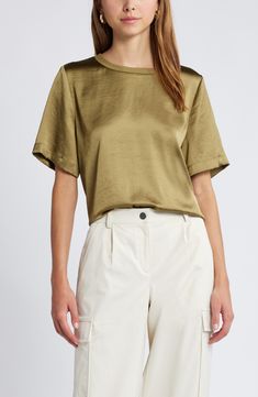 Cut in a relaxed fit from silky, drapey satin, this crewneck T-shirt makes building any look—from polished to casual—so easy. Crewneck Short sleeves 100% polyester Machine wash, tumble dry Imported Satin T Shirt, Olive Brine, Short Sleeves, Relaxed Fit, Nordstrom, Womens Tops, Satin, Crew Neck, Building