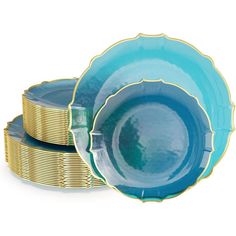 three blue and gold plates stacked on top of each other