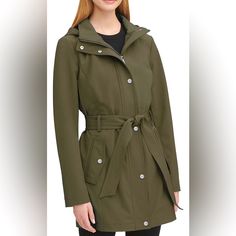 Brand New Dkny Belted And Hooded Jacket Plus Size 1xl Louden Green (Olive) New Without Tags Olive Hooded Outerwear For Fall, Olive Hooded Fall Outerwear, Olive Outerwear With Detachable Hood For Fall, Green Olive, Olive Color, Hooded Jacket, Olive Green, Trench Coat, Jackets & Coats