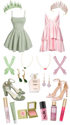 the contents of a dress and shoes are arranged on a white background with text that reads,