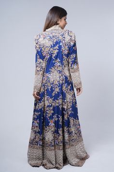 Dark blue long coat with all-over floral embroidery and scalloped border. Comes with solid draped skirt. - Aza Fashions Long Sleeve Sherwani With Floral Embroidery For Reception, Reception Sherwani With Floral Embroidery And Long Sleeves, Floral Embroidered Sherwani For Reception With Long Sleeves, Formal Blue Embroidered Outerwear, Long Embroidered Outerwear For Wedding, Long Embroidered Wedding Outerwear, Blue Long Sleeve Sherwani With Floral Embroidery, Formal Blue Outerwear With Resham Embroidery, Royal Blue Long Sleeve Sherwani