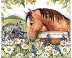 a painting of a horse and a cat in a flowery field with daisies