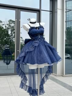 Dark Blue Glittering Princess Dress Basque Waist Jumper Skirt Full Set Blue Outfit Aesthetic Casual, Prom Dresses Designs Ideas, Casual Blue Dress Outfit, Dresses With A Train, Dark Blue Dress Short, Night Blue Dress, Prom Night Outfit, Blue And Black Outfit, Dark Blue Dresses