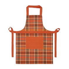 an orange and brown plaid apron on a white background