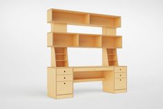 a wooden desk with drawers and shelves on the top, in front of a white background