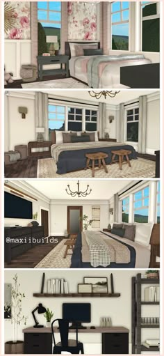 three different views of a living room and bedroom