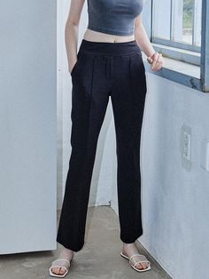 This is a trendy and casual pants by MaLoupe that is made out of high quality and sturdy fabric. With unique design detail and comfortable mood, you can style it for your casual and young daily outfit.- Full elastic waistband- Cool touch of fabric for summer- Slim boots cut silhouette- Pin tuck detail on the center Black Elastane Trousers, Black Stretch Bottoms For Business Casual, Black Stretch Ankle-length Dress Pants, Casual Fitted Ankle-length Pants, Casual Stretch Dress Pants For Office Wear, Black Ankle-length Dress Pants For Business Casual, Black Straight Leg Bottoms In Elastane, Black Elastane Bottoms With Elastic Waistband, Black Straight Leg Elastane Bottoms