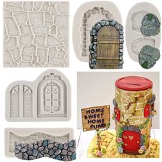 there are many different items made out of clay and stone blocks, including a house