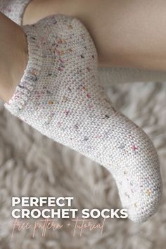 a person wearing white socks with sprinkles on them and the text perfect crochet socks free pattern tips