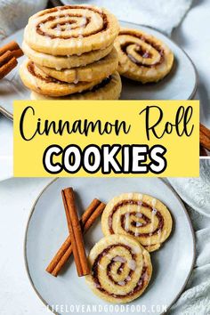 cinnamon roll cookies on a plate with cinnamon sticks