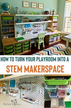 Create a makerspace in your playroom that will spark you child's creative play, keep them engaged for hours, and also keep all of those Legos organized! Lego Project Storage, Lego Room For Older Boys, Playroom Wall Organization, Lego Storage Bedroom, Playroom And School Room Ideas, Lego Building Desk, Stem Bedroom Ideas, Lego Setup Ideas, Kids Lego Display Ideas