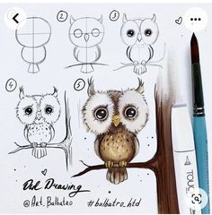 an owl sitting on top of a tree branch next to a marker and some drawings