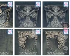 four pictures of different types of jeans with laces and beads on the bottom, one showing