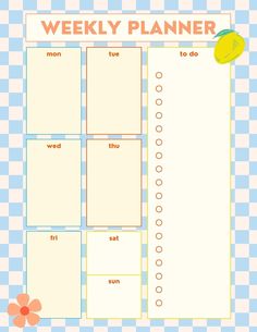 a printable weekly planner with lemons and checkered paper on the side,