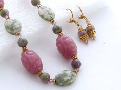 Purple and Green Jade Jewelry Set, Lavender, Pink, Carved Jade Necklace Earrings, Peace Jade, Swarov Pink Adjustable Jade Jewelry, Wedding Jewelry With Natural Jade Stones, Pink Jade Jewelry With Natural Stones, Handmade Jade Jewelry For Weddings, Elegant Pink Jade Jewelry, Pink Jade Jewelry As A Gift, Pink Jade Jewelry Gift, Pink Jade Jewelry For Gift, Anniversary Jewelry With Matching Round Bead Earrings