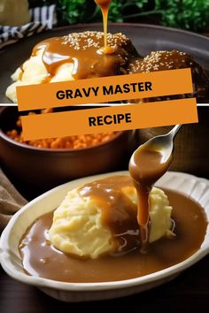 gravy being drizzled over mashed potatoes on a plate