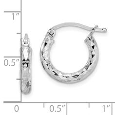 Product Weight Weighs approximately 1.13 grams. Product Dimensions Length of item : 18 mm Width of item : 16 mm Features - Diamond-cut - Polished - Sterling silver - Hollow tube - Rhodium-plated Product Specifications - Material : Primary - Purity : 925 - Finish : Polished - Length of Item : 18 mm - Plating : Rhodium - Material : Primary : Sterling Silver - Thickness : 3 mm - Width of Item : 16 mm - Product Type : Jewelry - Jewelry Type : Earrings - Sold By Unit : Pair - Gender : Women's - Textu Bow Jewelry, Sterling Silver Hoop Earrings, White Earrings, Gold Polish, Hoop Earrings Small, Fine Jewelry Gift, Jewelry Companies, Sterling Silver Hoops, Fine Jewellery Earrings