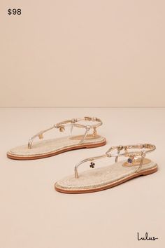 Elevate your vacation look with the Schutz Mitchell Platina Gold Metallic Charm Espadrille Sandals! Metallic genuine leather creates a toe-thong upper that secures onto the adjustable ankle strap (with a gold buckle) with a series of trendy knots. Assorted beads and decorative charms adorn these summer-ready sandals, while an espadrille sole finishes the look. 0. 25" rubbed heel. Lightly cushioned espadrille insole. Genuine leather sole has non-skid markings. Genuine leather upper, sole, and lin Beige Flats, Sandal Heels, Size 11 Heels, Espadrille Sandals, Summer Ready, Rubber Heels, Sandals Summer, Ankle Strap, Gold Metal