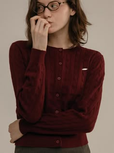 Composition : COTTON 100%Color : BURGUNDY,NAVYCountry of Origin : China Burgundy Cashmere Sweater, Therapist Fashion, Chilly Fits, Librarian Style, Round Neck Cardigan, Cozy Clothes, Burgundy Cardigan, Shop Inspiration, Fitted Cardigan