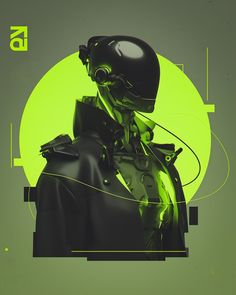 a green and black poster with a man in a suit, helmet and goggles