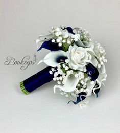 a bridal bouquet with white and blue flowers