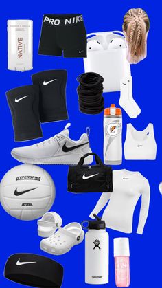 various sports items are arranged on a blue background with the words pro nike above them