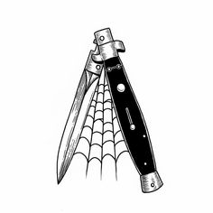 a black and white drawing of a knife with a spider web on it's blade